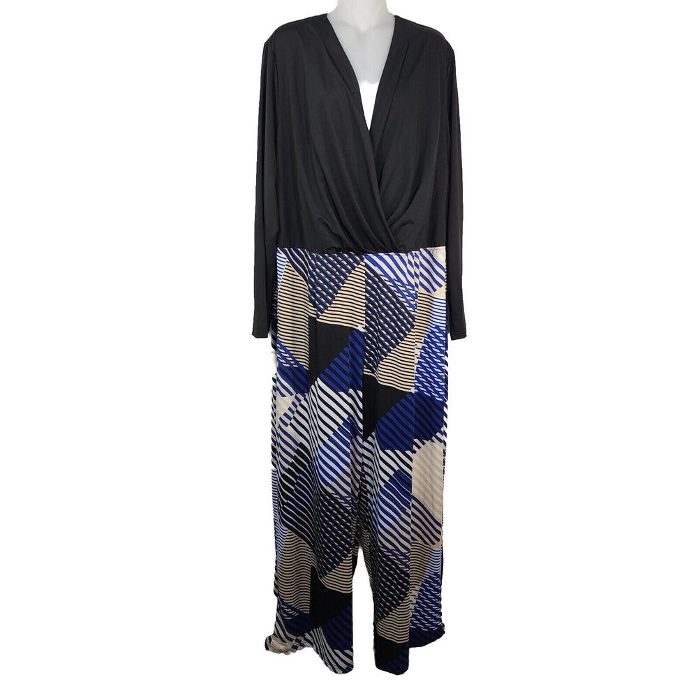 Ashley Stewart Womens Jumpsuit Size 22/24 V Neck Faux Wrap Surplice Black Stripe